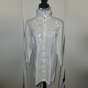 Caite‎ 100% Linen White Embroidered Buttom Down Tunic Top Blouse Sz XL